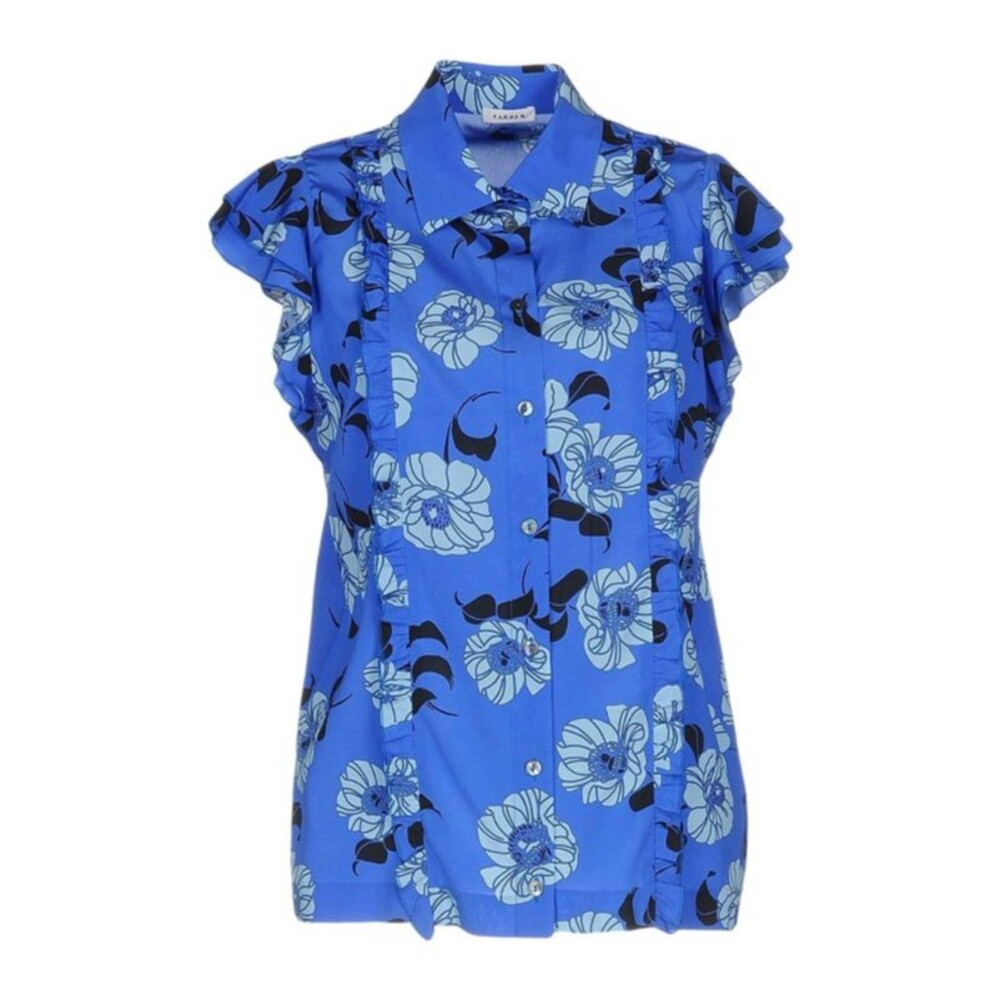 P.A.R.O.S.H. Women's Floral Blue Button Up Short Sleeve Silk Blouse Sz M